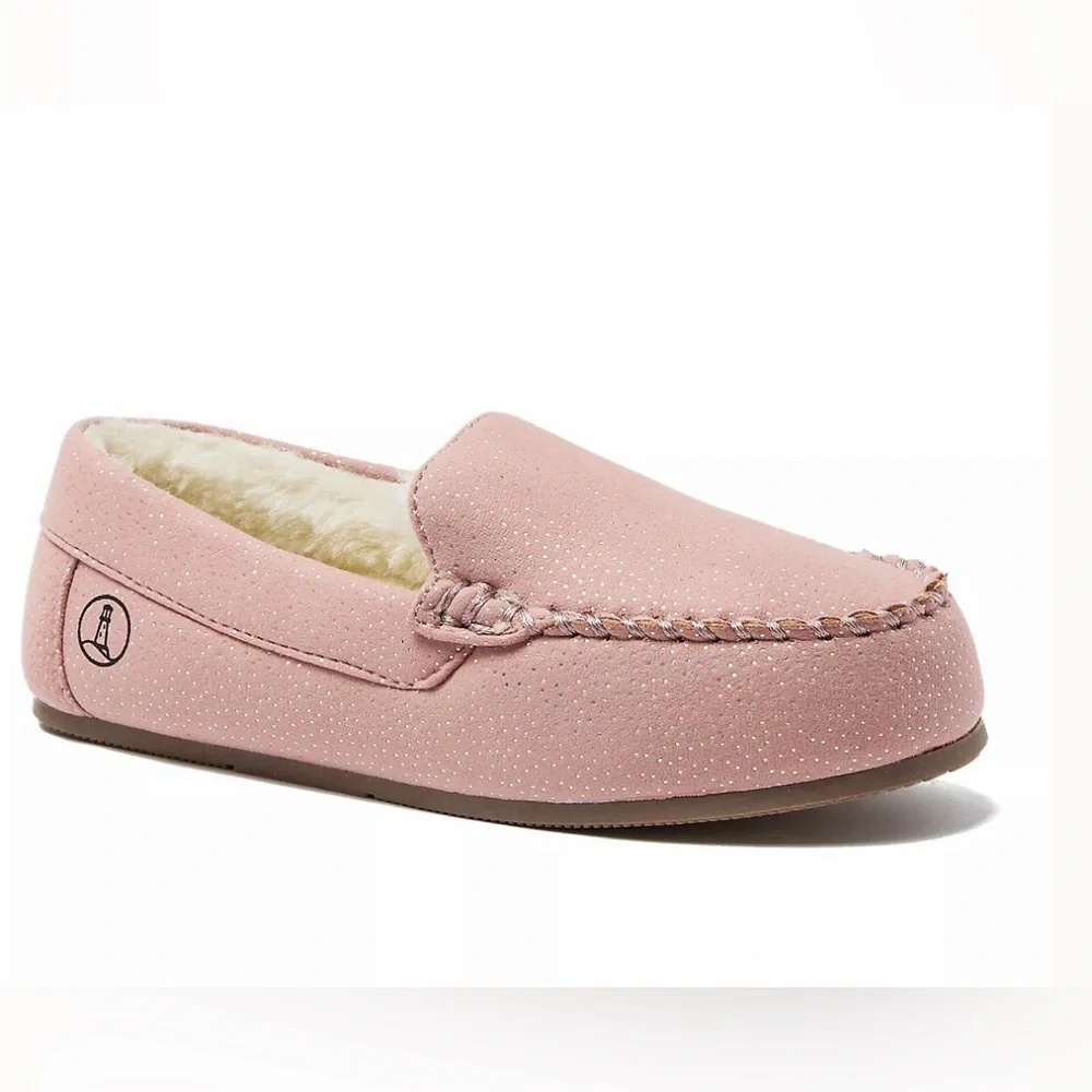 Land's End $50 Kids Fuzzy‎ Lined Light Blush Shimmer Moccasin Slippers Sz 4 NWT